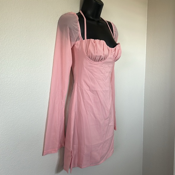 Princess Polly Pink Dyer Bell Long Sleeve Halter Ruched Bust Mini Dress - Picture 6 of 10